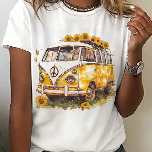White Casual Women's Round Neck Short Sleeve Floral & Bus Print Loose T-Shirt - Picture 1 of 4
